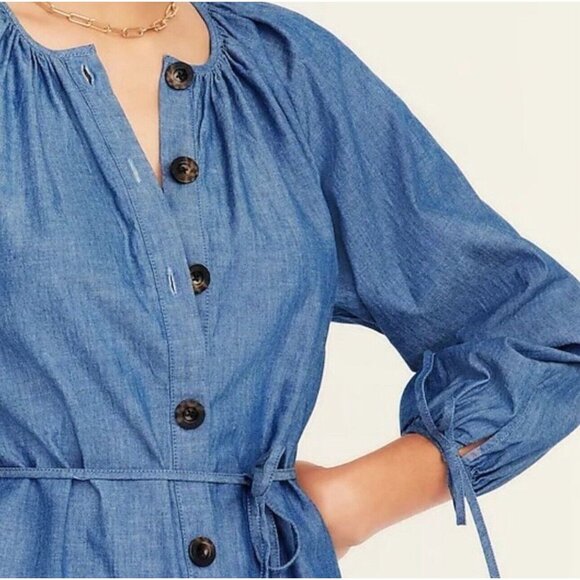 NEW! J. Crew Dress Chambray Button Front Tie Sleeve Blue SZ Small - Picture 3 of 9